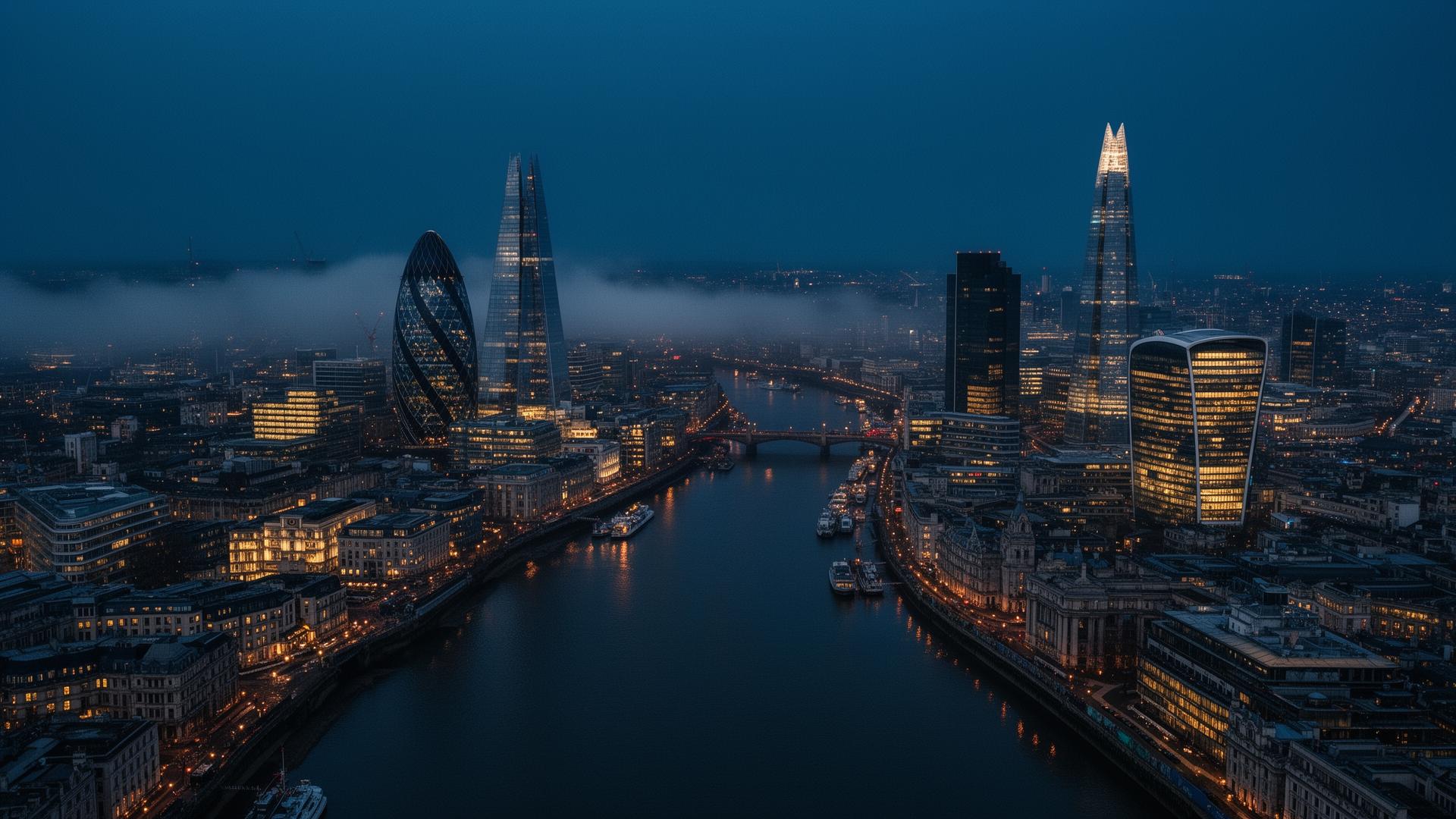 The City of London skyline at blue hour — the Gherkin, the Shard and the Walkie-Talkie above the Thames.